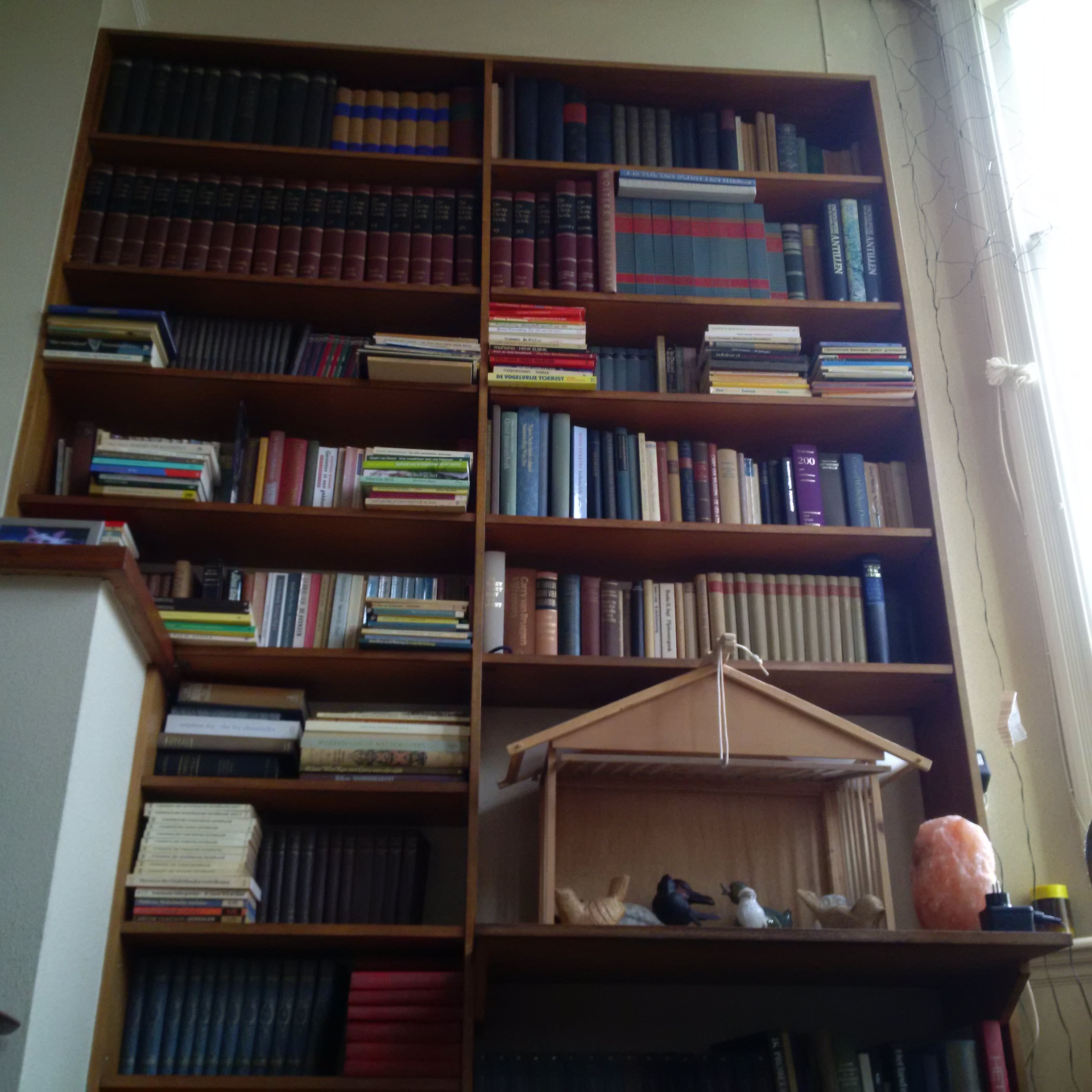dark wooden bookcase filled with books and an ornamental bird cage